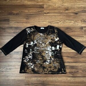 Vintage Cafe Graphic Top Brown Black Coffee Shirt 3/4 Sleeve Artsy Indie Y2K Tee